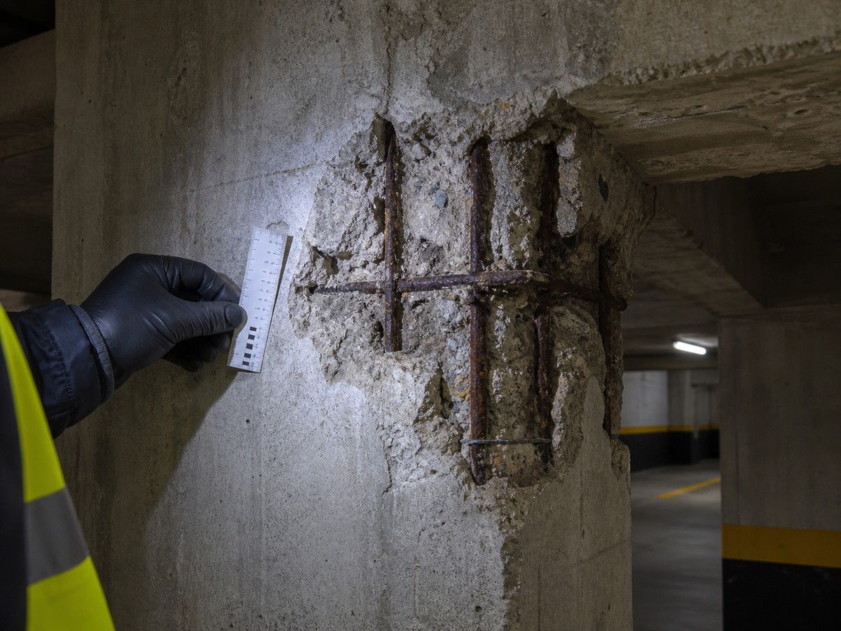 Imagem ilustrativa de avaliação de concreto deteriorado e ferragem exposta